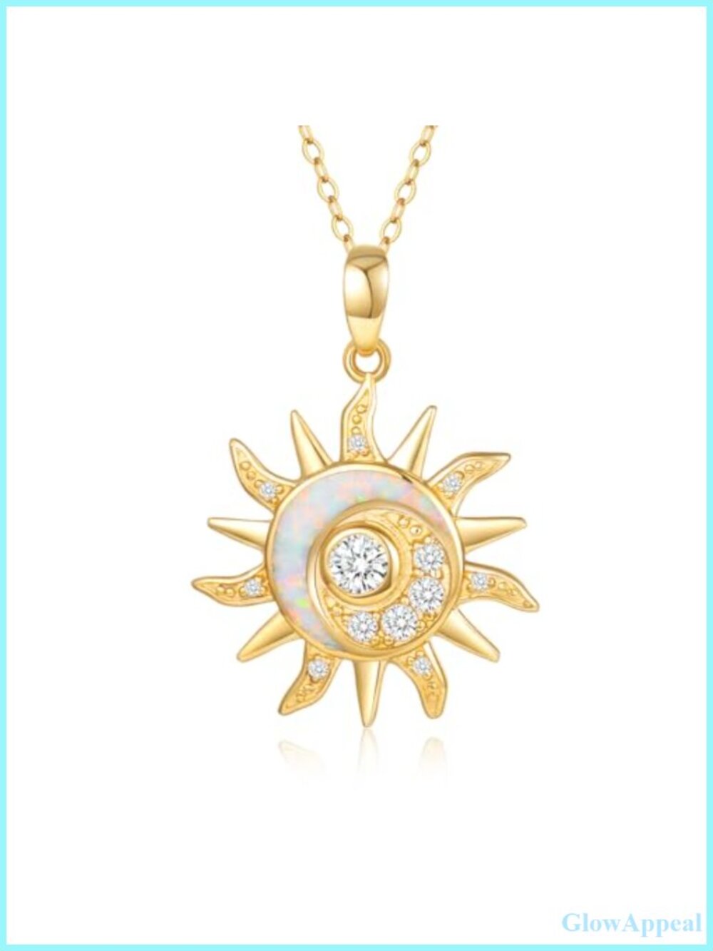 14K Solid Gold Sun Moon Necklace Opal Crescent Pendant 18 Inch Dainty Fine